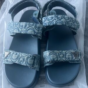 Guess Blue Denim-Patterned Logo Strap Sandals 8.5